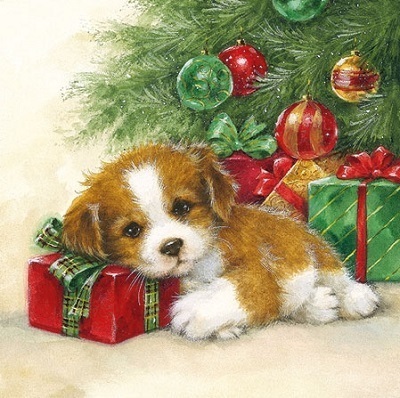 20 Servietten "Hund mit Geschenk" 25 x 25 cm