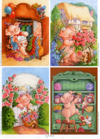 5er SET vier Grundbilder "Schwein mit Blumen"